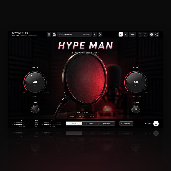 Hype Man Streaming Voice Effect by Vox Samples, the streaming VST plugin: a round pop filter backlit in on-air red on a dark streaming desk, the slanted HYPE MAN logo, and two big knobs, CLEAN and EVEN.
