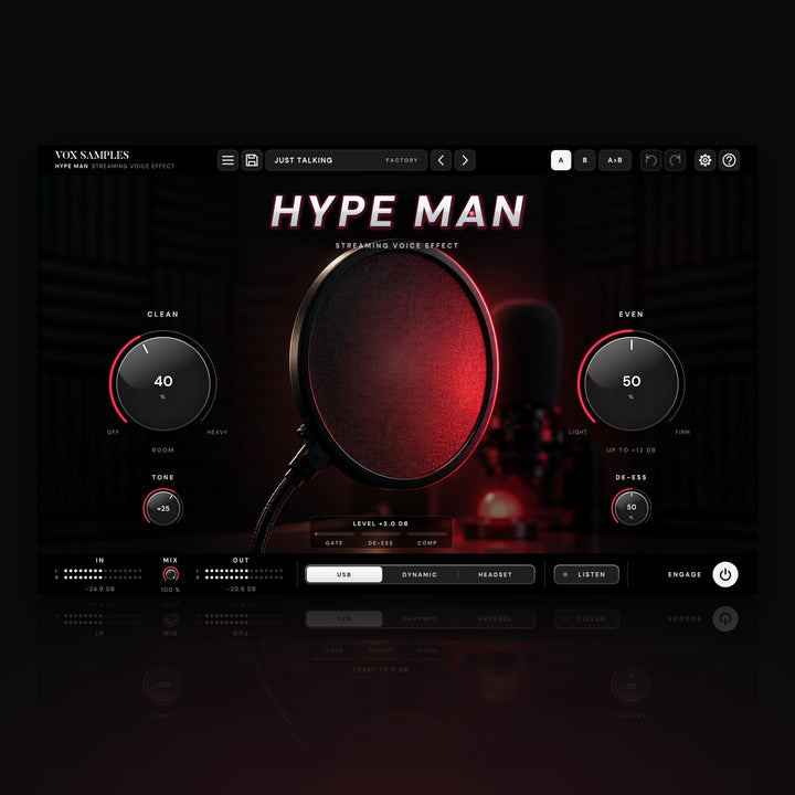 Hype Man Streaming Voice Effect by Vox Samples, the streaming VST plugin: a round pop filter backlit in on-air red on a dark streaming desk, the slanted HYPE MAN logo, and two big knobs, CLEAN and EVEN.
