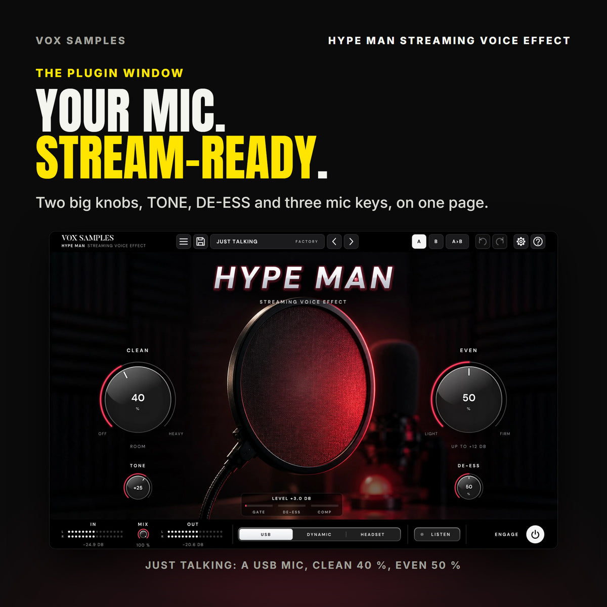 The whole Hype Man Streaming Voice Effect window on Just Talking: a dark streaming desk at night, a round pop filter backlit in on-air red and the slanted HYPE MAN logo; CLEAN at 40 % with TONE +25 under it on the left, EVEN at 50 % reading UP TO +12 DB with DE-ESS 50 under it on the right; the meter strip reading LEVEL +3.0 DB beside the red ON AIR lamp; IN, MIX, OUT, the USB, DYNAMIC and HEADSET keys, LISTEN and ENGAGE along the bottom.