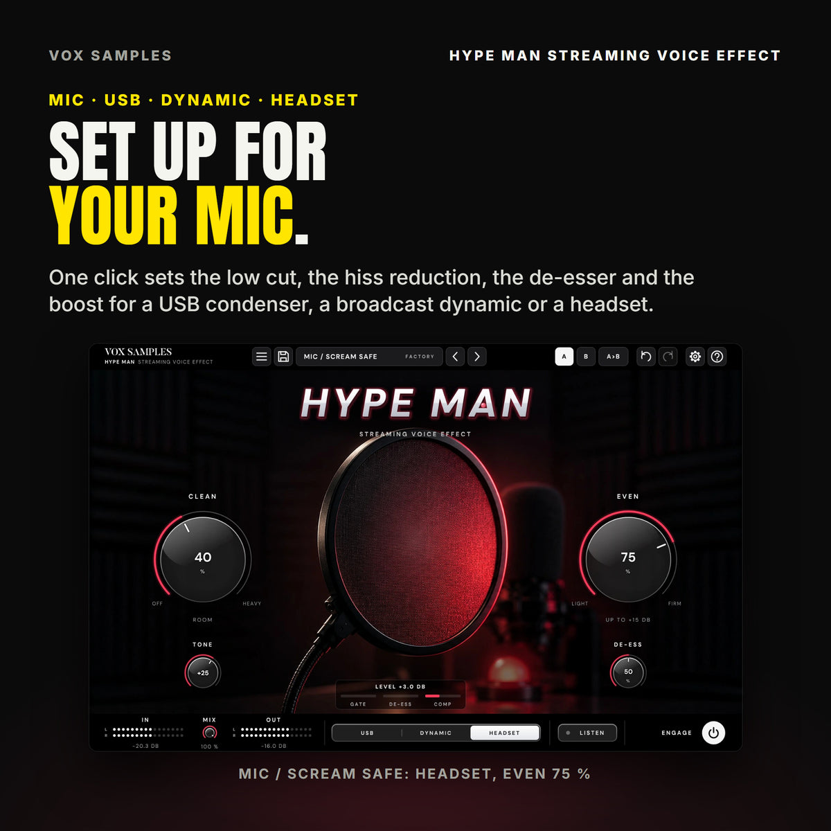 Hype Man on the Mic / Scream Safe preset: the HEADSET key lit in the footer, EVEN at 75 % reading UP TO +15 DB, CLEAN at 40 %, TONE +25 and DE-ESS 50, and the COMP bar lit red on the meter strip under the pop filter.