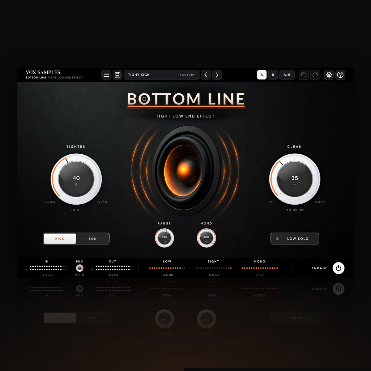 Bottom Line Tight Low End Effect by Vox Samples, the tight low end plugin: a subwoofer driver glowing ember in a dark baffle with pressure waves either side, the BOTTOM LINE wordmark, and two big white knobs, TIGHTEN and CLEAN.