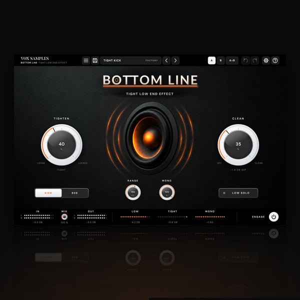 Bottom Line Tight Low End Effect by Vox Samples, the tight low end plugin: a subwoofer driver glowing ember in a dark baffle with pressure waves either side, the BOTTOM LINE wordmark, and two big white knobs, TIGHTEN and CLEAN.