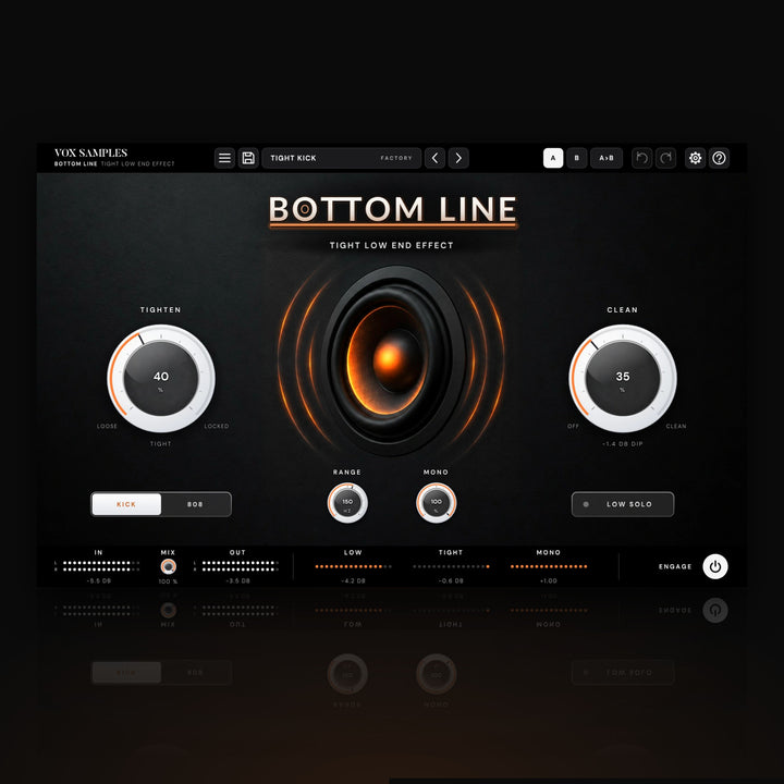 Bottom Line Tight Low End Effect by Vox Samples, the tight low end plugin: a subwoofer driver glowing ember in a dark baffle with pressure waves either side, the BOTTOM LINE wordmark, and two big white knobs, TIGHTEN and CLEAN.