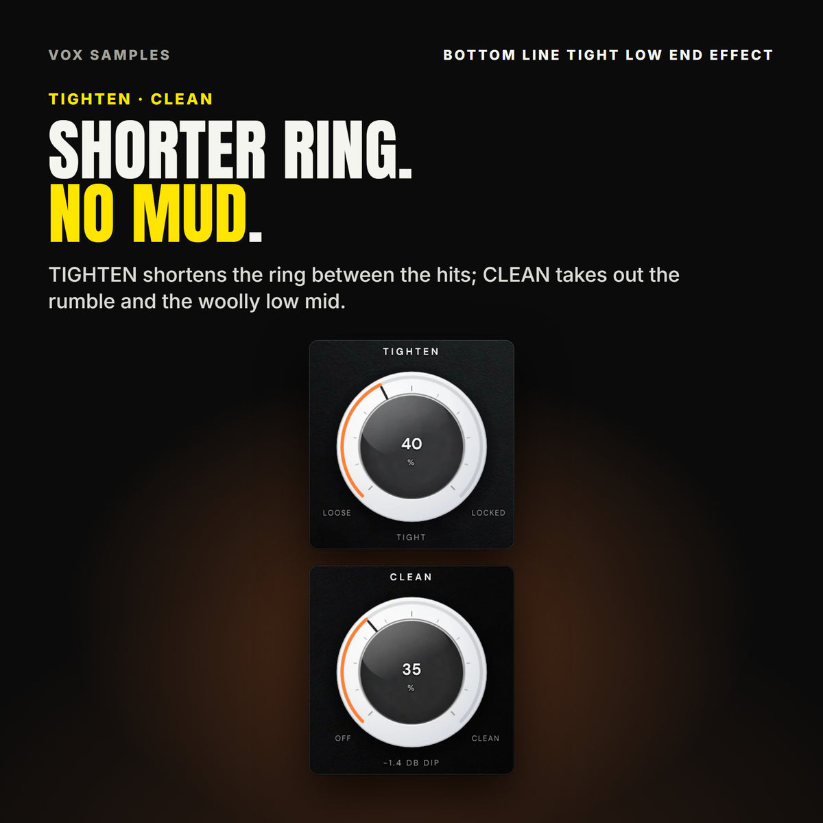 Bottom Line's two big knobs on Tight Kick: TIGHTEN at 40 %, between LOOSE and LOCKED, reading TIGHT, and CLEAN at 35 %, between OFF and CLEAN, reading -1.4 DB DIP.