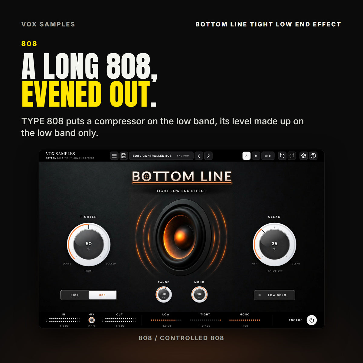 Bottom Line on the 808 / Controlled 808 preset: the 808 key lit, TIGHTEN at 50 %, CLEAN at 35 %, RANGE 150 Hz, MONO 100 %, the cone glowing and the pressure waves out on a hit.