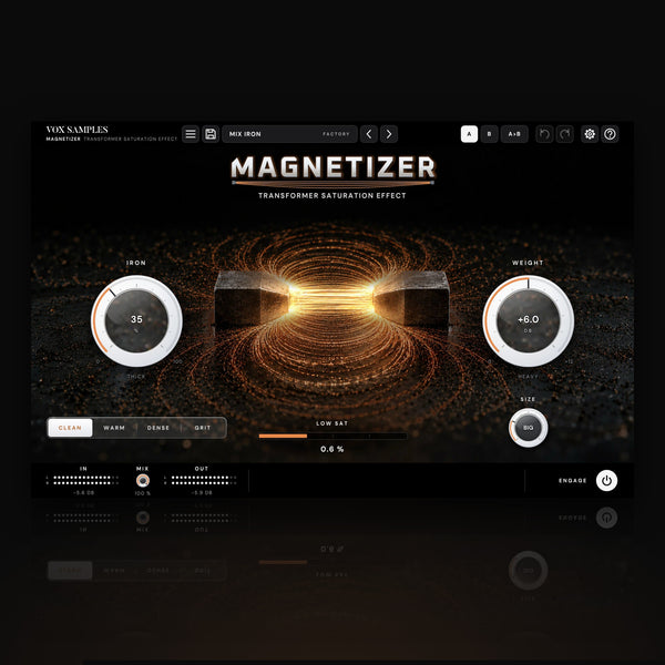 Magnetizer Transformer Saturation Effect by Vox Samples, the transformer saturation plugin: two iron pole pieces with glowing copper filings drawn into field lines between them, the brushed-steel MAGNETIZER logo, and two big pearl-white knobs, IRON and WEIGHT.
