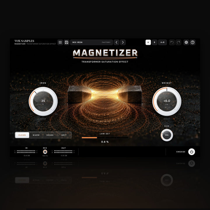 Magnetizer Transformer Saturation Effect by Vox Samples, the transformer saturation plugin: two iron pole pieces with glowing copper filings drawn into field lines between them, the brushed-steel MAGNETIZER logo, and two big pearl-white knobs, IRON and WEIGHT.