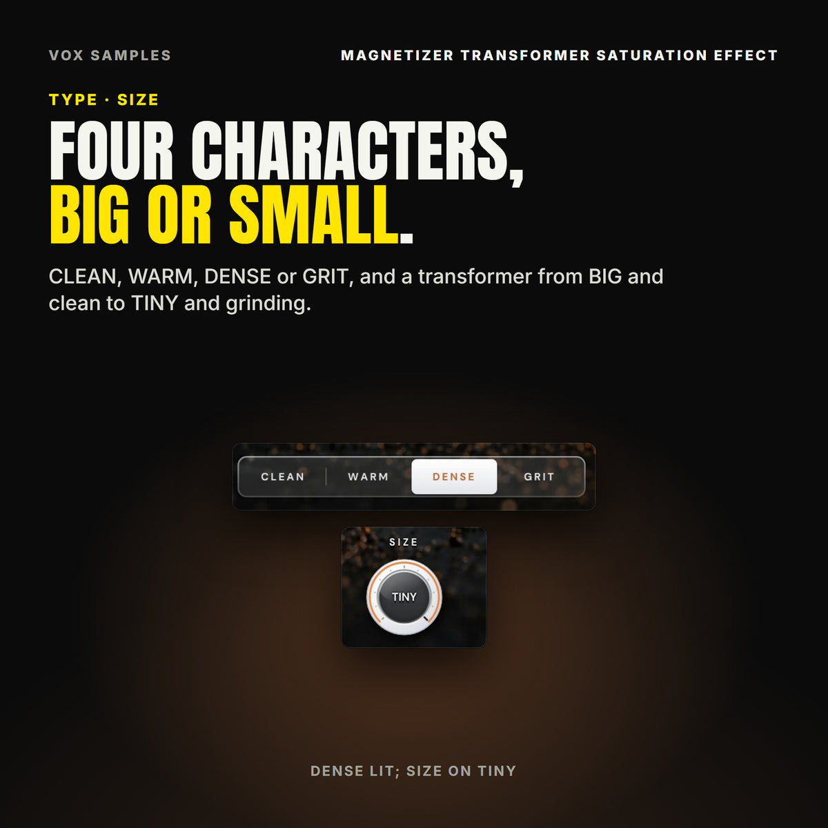 Magnetizer's TYPE keys with DENSE lit, then its SIZE knob turned to TINY.