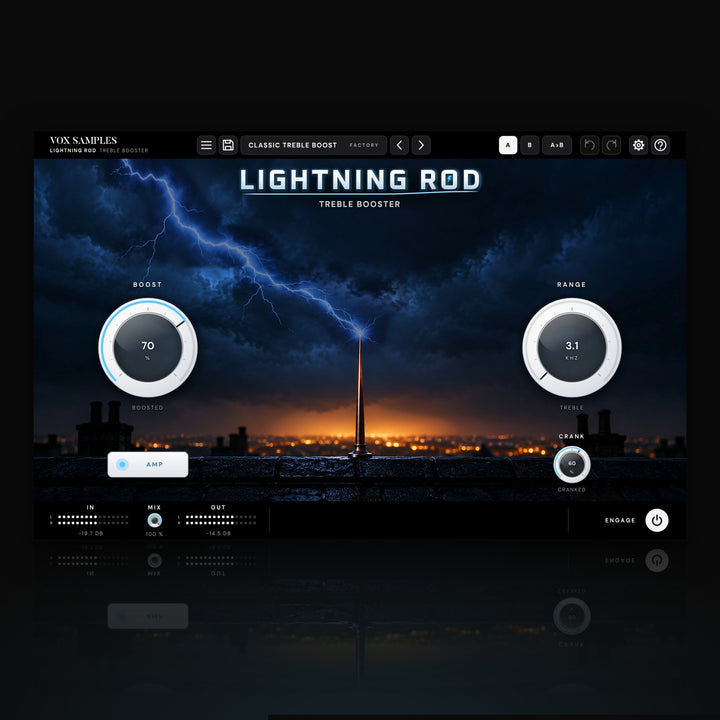 Lightning Rod Treble Booster by Vox Samples, the treble booster plugin: a copper lightning rod on a slate roof at night struck by a blue-white bolt, the chrome LIGHTNING ROD logo, and two big pearl-white knobs, BOOST and RANGE.