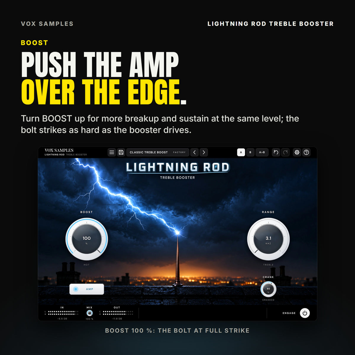 Lightning Rod with BOOST at 100 % (HOT) on a DI guitar: the bolt strikes the rod at full brightness, RANGE on 3.1 kHz, CRANK at 60 %.