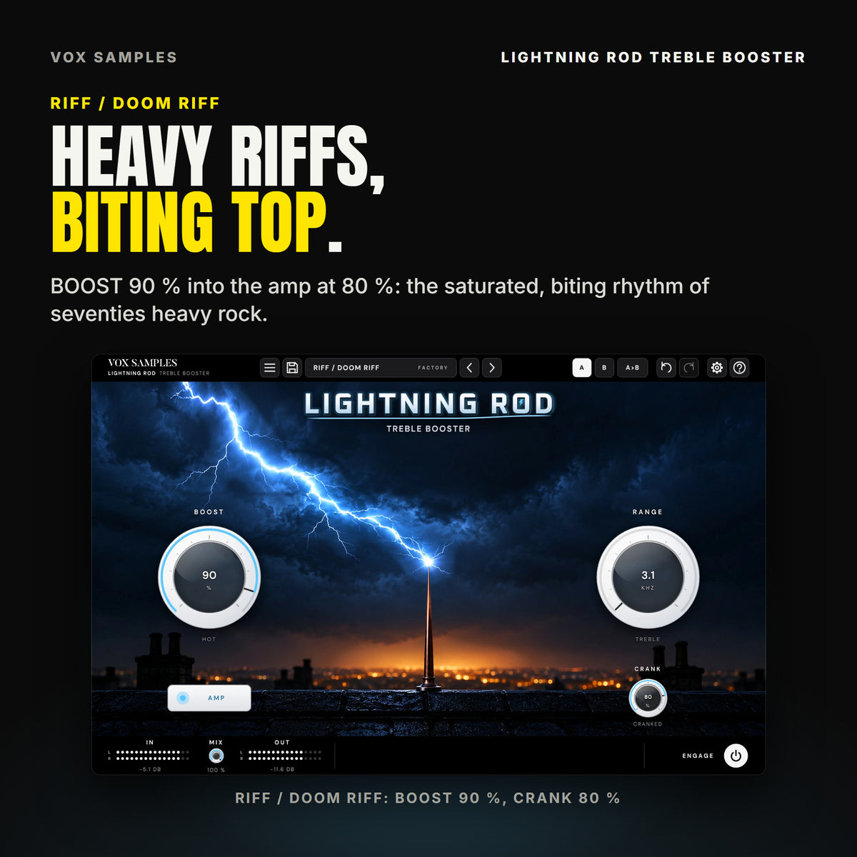 Lightning Rod on the Riff / Doom Riff preset: BOOST at 90 % (HOT), RANGE on 3.1 kHz (TREBLE), CRANK at 80 % (CRANKED), the bolt striking the rod.