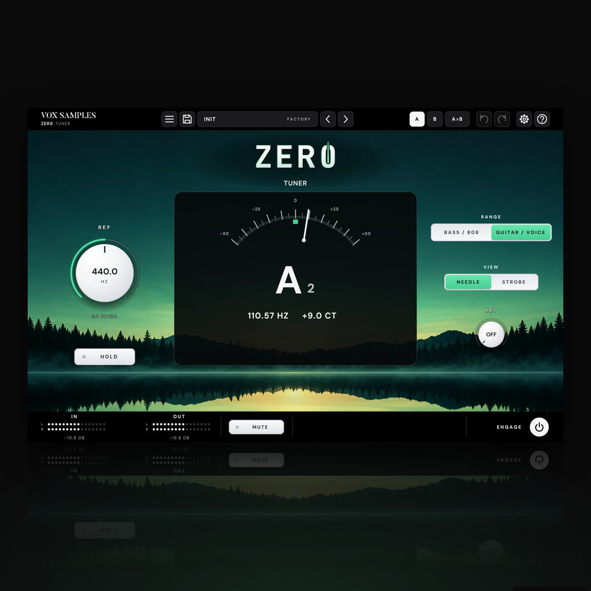 Zer0 Tuner by Vox Samples, the tuner plugin: a lake at dawn under a black pine shore, the ZER0 logo with a green tuner needle through the zero, and a dark glass display reading A2 with its needle just right of zero.