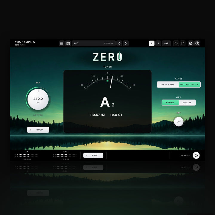Zer0 Tuner by Vox Samples, the tuner plugin: a lake at dawn under a black pine shore, the ZER0 logo with a green tuner needle through the zero, and a dark glass display reading A2 with its needle just right of zero.