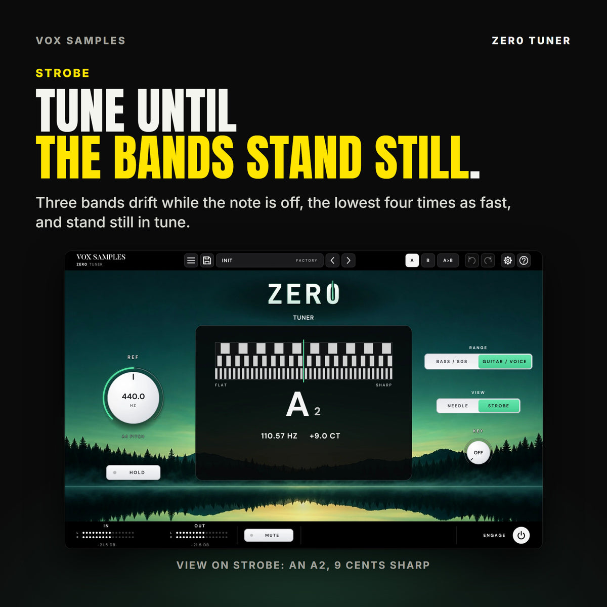 Zer0 Tuner in strobe view: three bands of white stripes across the display between FLAT and SHARP, the reading A2, 110.57 HZ, +9.0 CT under them, and VIEW with STROBE lit.