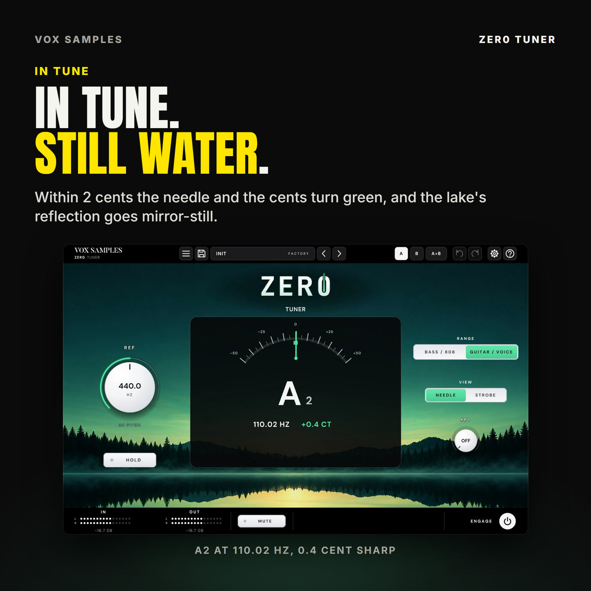 Zer0 Tuner reading a note in tune: the needle on zero and green, A2, 110.02 HZ and +0.4 CT in green, and the lake's reflection mirror-still.