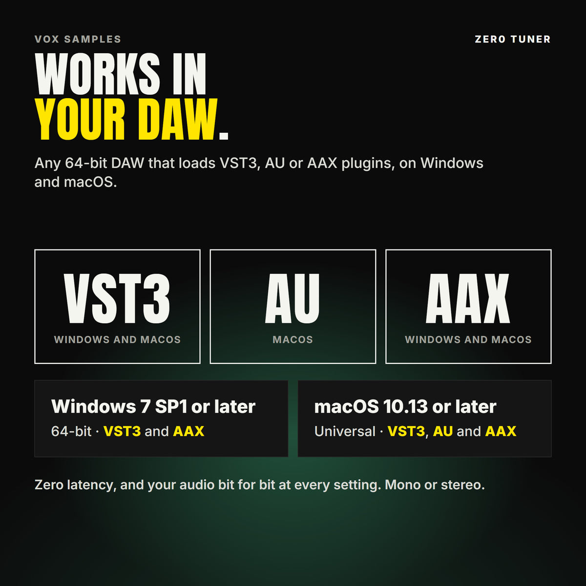 Zer0 Tuner formats: VST3, AU and AAX. Windows 7 SP1 or later, 64-bit: VST3 and AAX. macOS 10.13 or later, universal (Intel and ARM): VST3, AU and AAX. Works in any 64-bit DAW that loads VST3, AU or AAX plugins. Zero latency, and your audio bit for bit at every setting. Mono or stereo.