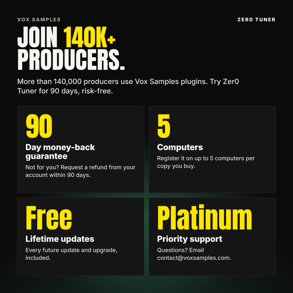 Join 140K+ producers who use Vox Samples plugins. Zer0 Tuner comes with a 90-day money-back guarantee you claim from your account, registration on up to five of your own computers per copy you buy, free lifetime updates, and Platinum priority support.