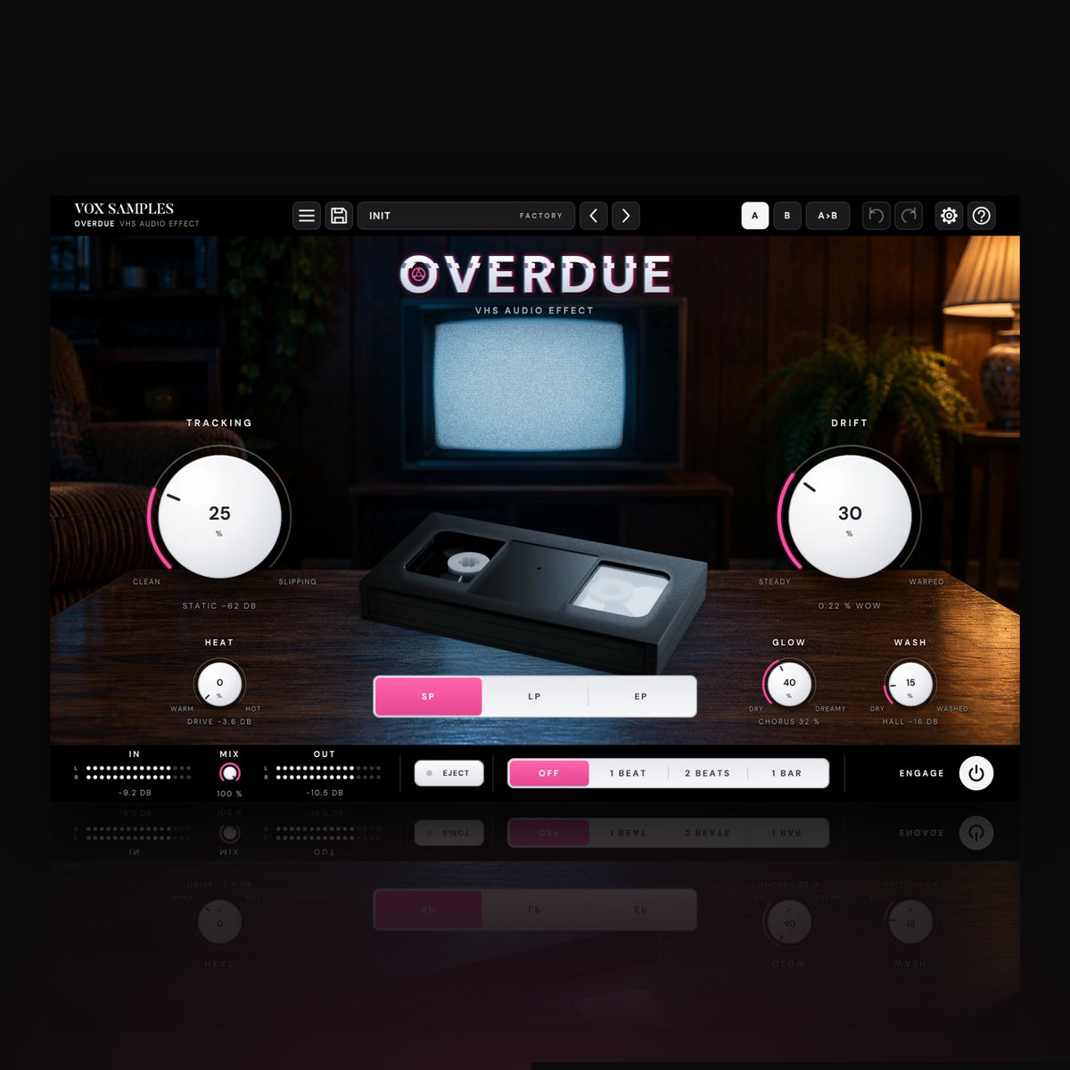 Overdue VHS Audio Effect by Vox Samples, the VHS audio effect plugin: a black VHS cassette on a coffee table in front of a snowing television in an 80s den, the OVERDUE logo, and two big pearl-white knobs, TRACKING and DRIFT.