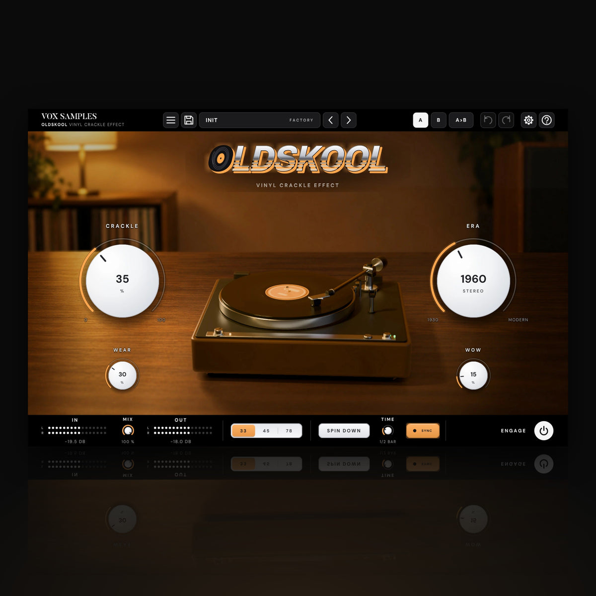 OldSkool Vinyl Crackle Effect by Vox Samples, the vinyl crackle plugin: a walnut turntable playing a record under a warm lamp, the chrome OLDSKOOL logo, and two big pearl-white knobs, CRACKLE and ERA.