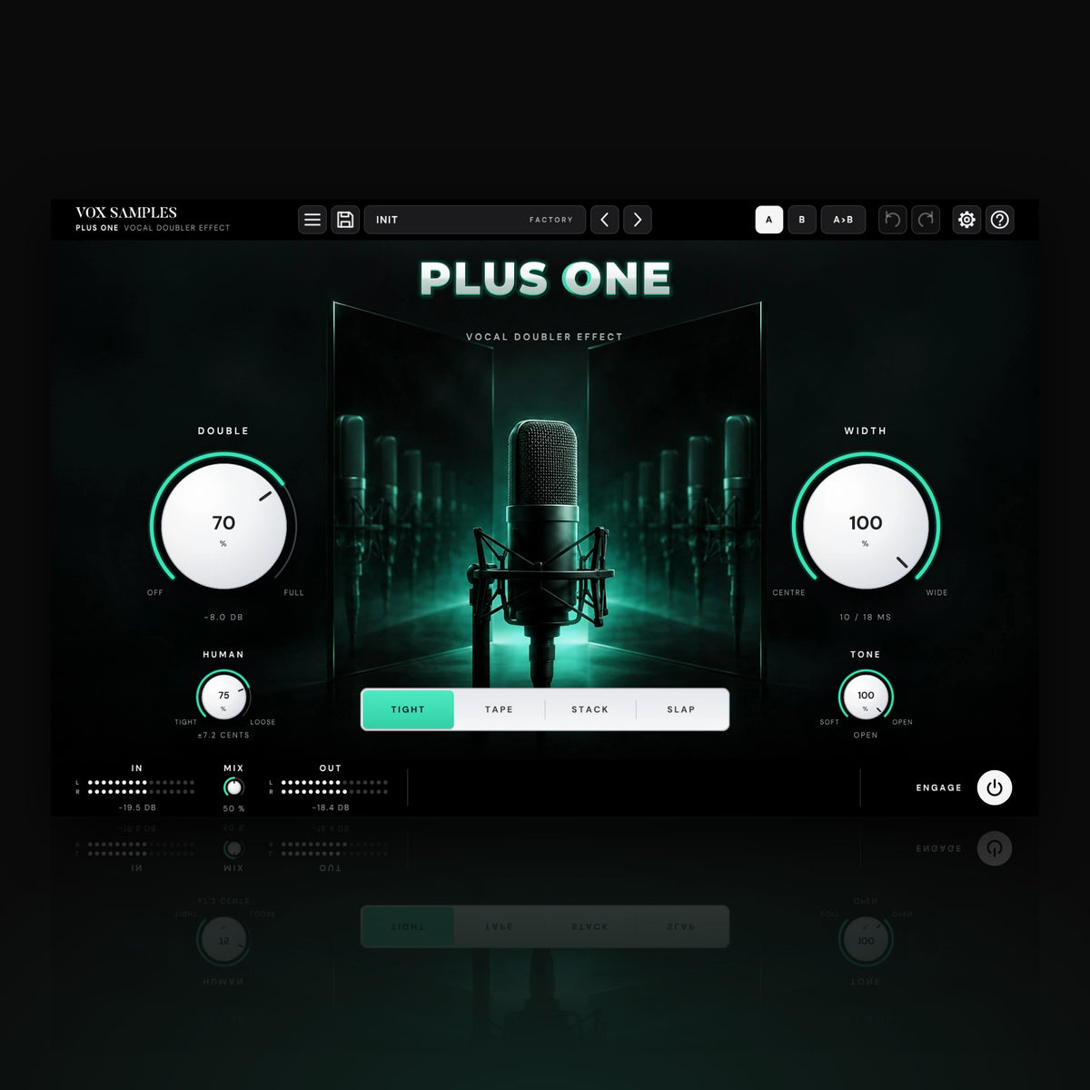 Plus One Vocal Doubler Effect by Vox Samples, the vocal doubler plugin: a studio microphone between two mirrors, its reflections repeating in mint light, the chrome PLUS ONE logo, and two big pearl-white knobs, DOUBLE and WIDTH.