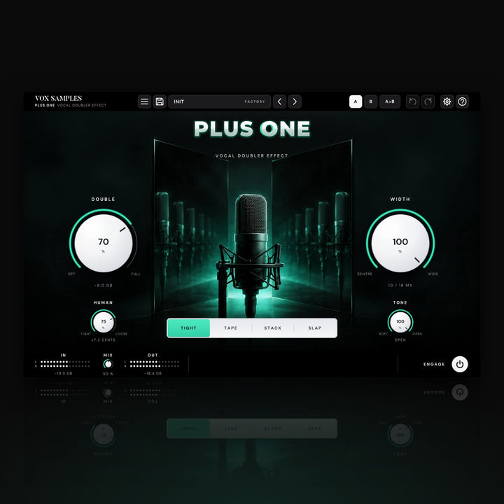 Plus One Vocal Doubler Effect by Vox Samples, the vocal doubler plugin: a studio microphone between two mirrors, its reflections repeating in mint light, the chrome PLUS ONE logo, and two big pearl-white knobs, DOUBLE and WIDTH.