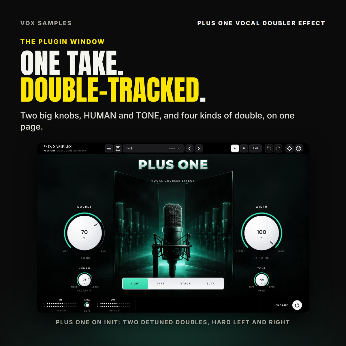 The whole Plus One window on Init: a studio microphone between two angled mirrors, its reflections repeating in mint light; the chrome PLUS ONE logo at the top, the big white DOUBLE knob at 70 % (-8.0 DB) on the left and WIDTH at 100 % (10 / 18 MS) on the right, HUMAN at 75 % (±7.2 CENTS) and TONE at 100 % (OPEN) under them, the TIGHT, TAPE, STACK and SLAP keys with TIGHT lit, and IN, MIX, OUT and ENGAGE along the bottom.