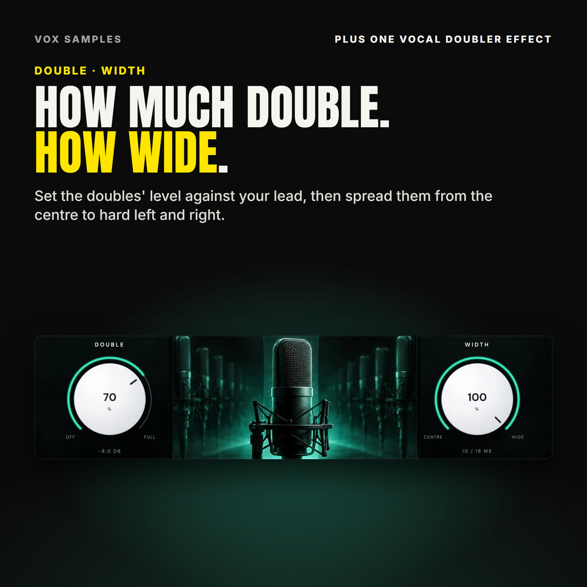 Plus One's two big pearl-white knobs with mint arcs, DOUBLE at 70 % reading -8.0 DB and WIDTH at 100 % reading 10 / 18 MS, either side of the condenser microphone and its reflections in the mirrors.