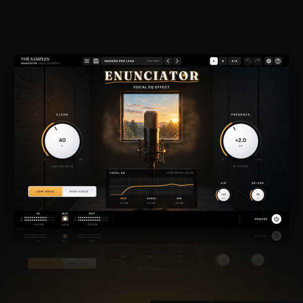 Enunciator Vocal EQ Effect by Vox Samples, the vocal EQ plugin: a studio microphone in a dark booth in front of a rain-washed window at sunset, the ENUNCIATOR wordmark, and two big white knobs, CLEAN and PRESENCE.