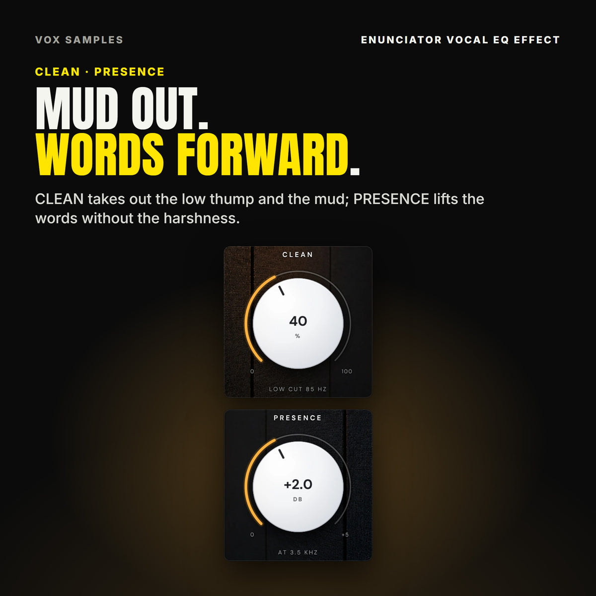 Enunciator's two big knobs on Modern Pop Lead: CLEAN at 40 %, reading LOW CUT 85 HZ, and PRESENCE at +2.0 dB, reading AT 3.5 KHZ.