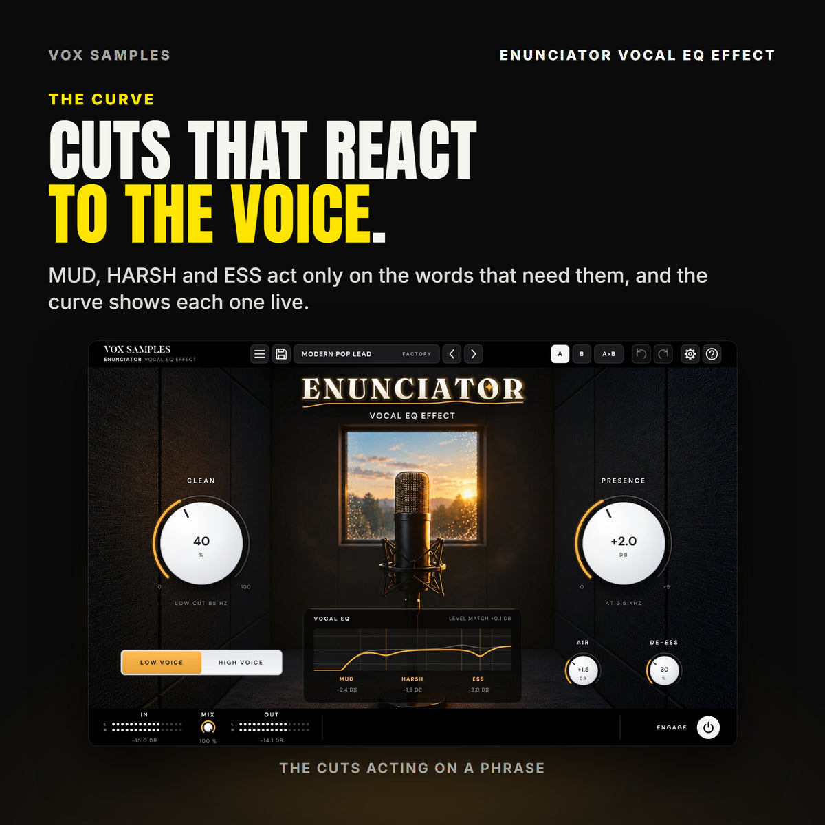 Enunciator's curve card while the voice plays: the live amber curve dipping where the cuts act, MUD at -2.4 dB, HARSH at -1.8 dB and ESS at -3.0 dB lit under it, LEVEL MATCH +0.1 dB.