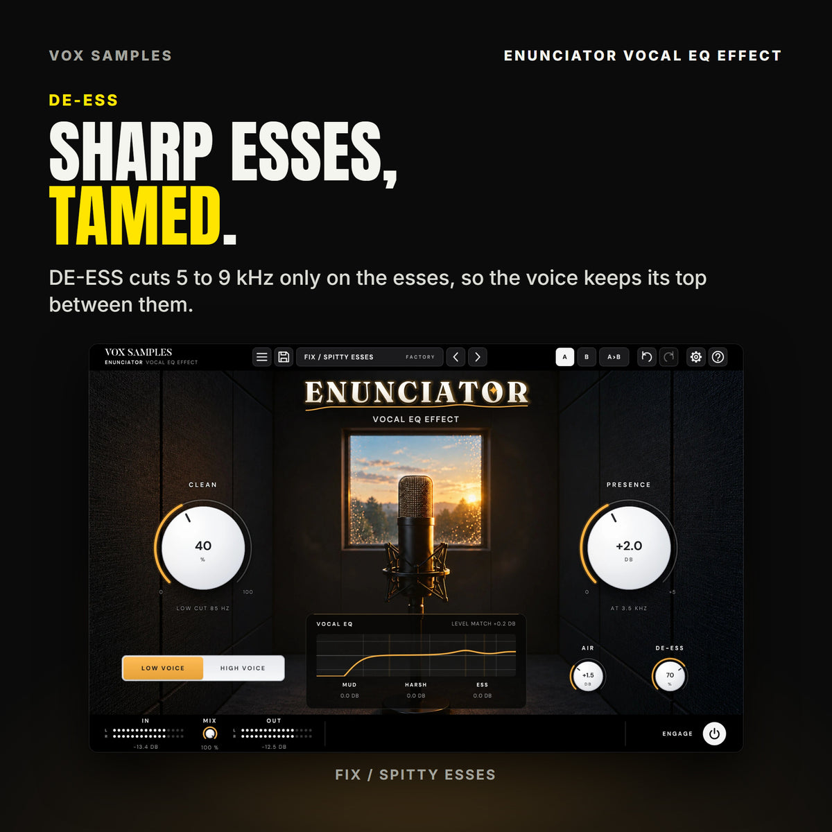 Enunciator on the Fix / Spitty Esses preset: DE-ESS at 70 %, CLEAN 40 %, PRESENCE +2.0 dB, AIR +1.5 dB.