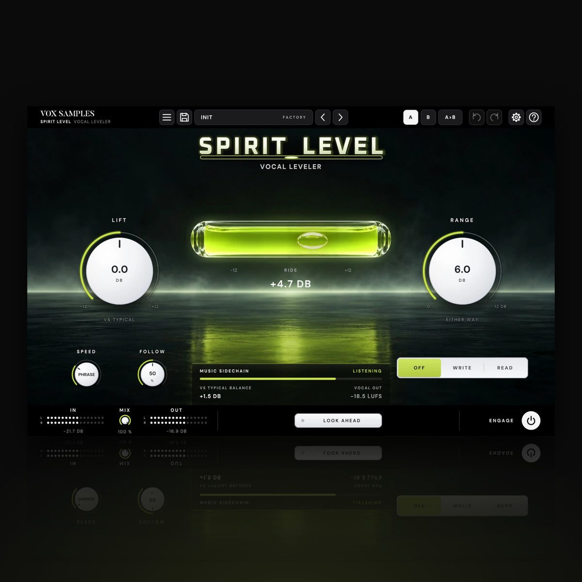 Spirit Level Vocal Leveler by Vox Samples, the vocal leveler plugin: a glass vial of glowing lime liquid floating level over a dark studio floor under the SPIRIT LEVEL logo, and two big pearl-white knobs, LIFT and RANGE.