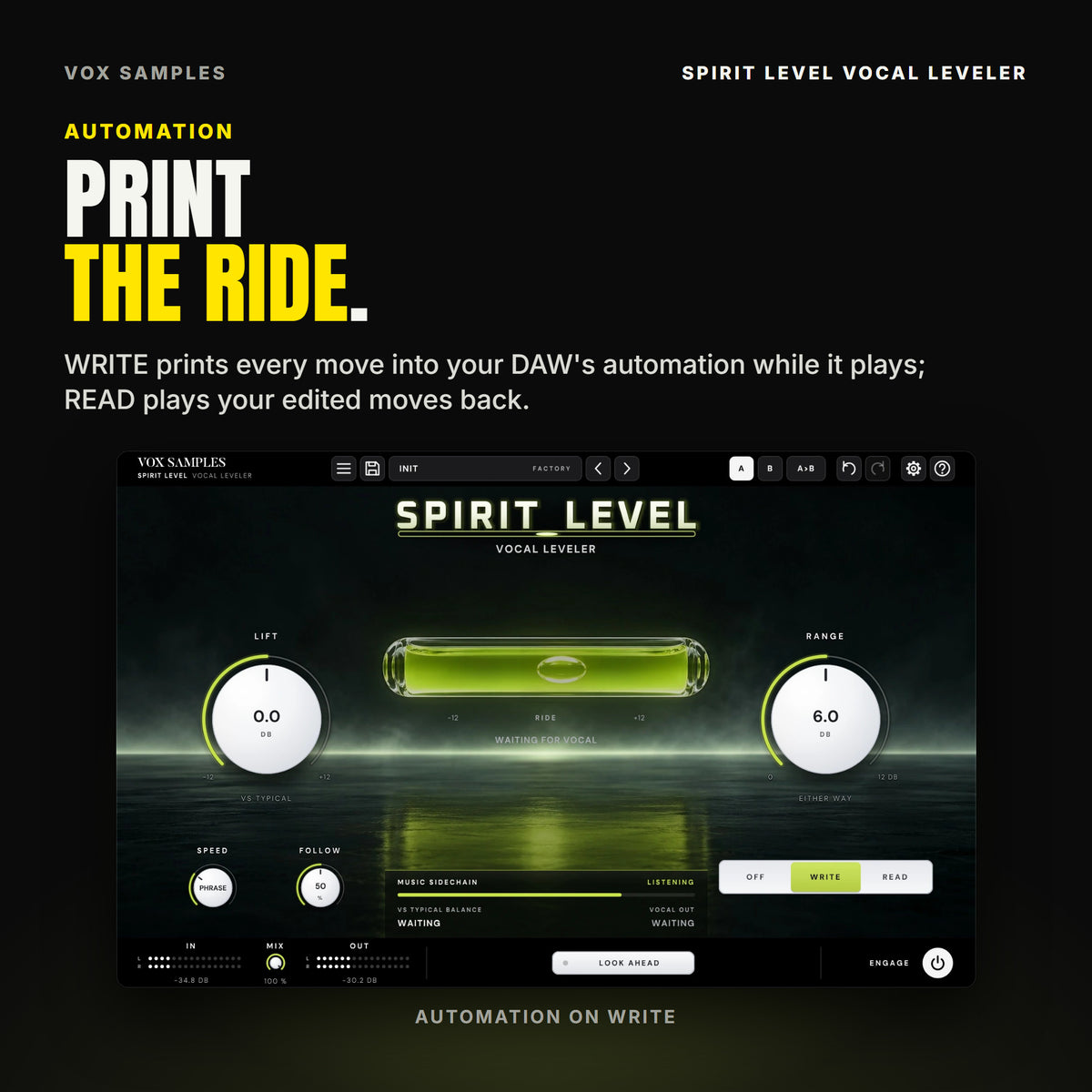 Spirit Level on Init with WRITE lit in the OFF, WRITE and READ switch under RANGE, ready to print its moves as host automation; RIDE reads WAITING FOR VOCAL and the strip LISTENING.