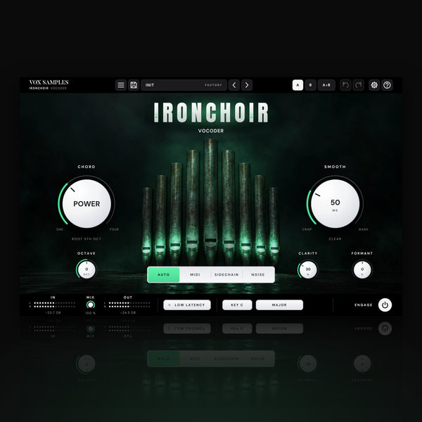 Ironchoir Vocoder by Vox Samples, the vocoder plugin: a dark iron hall with nine organ pipes glowing green under the IRONCHOIR logo, and two big pearl-white knobs, CHORD and SMOOTH.