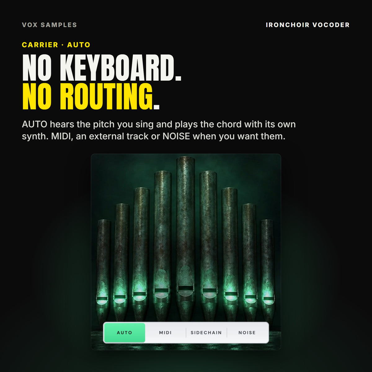 Ironchoir's four CARRIER keys under the glowing organ pipes, AUTO lit in green.