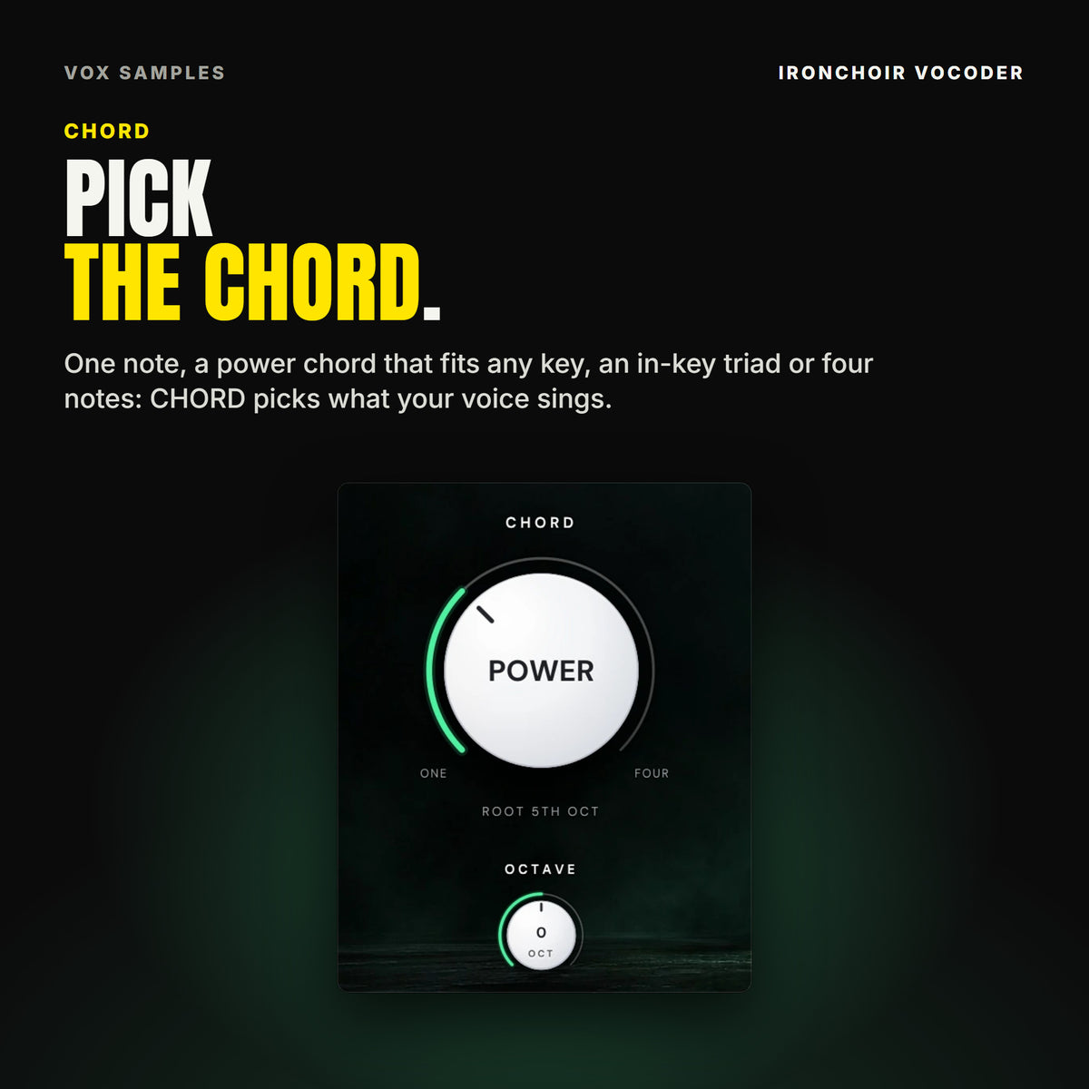 Ironchoir's big CHORD knob at POWER, reading ROOT 5TH OCT, with the small knob under it at 0.
