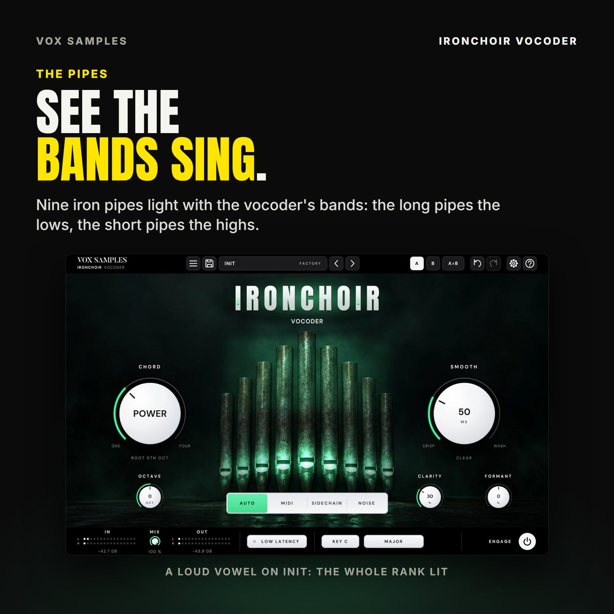 Ironchoir Vocoder singing loudly on Init: the whole rank of nine organ pipes lit green by the vocoder's bands, the hall glowing behind them.