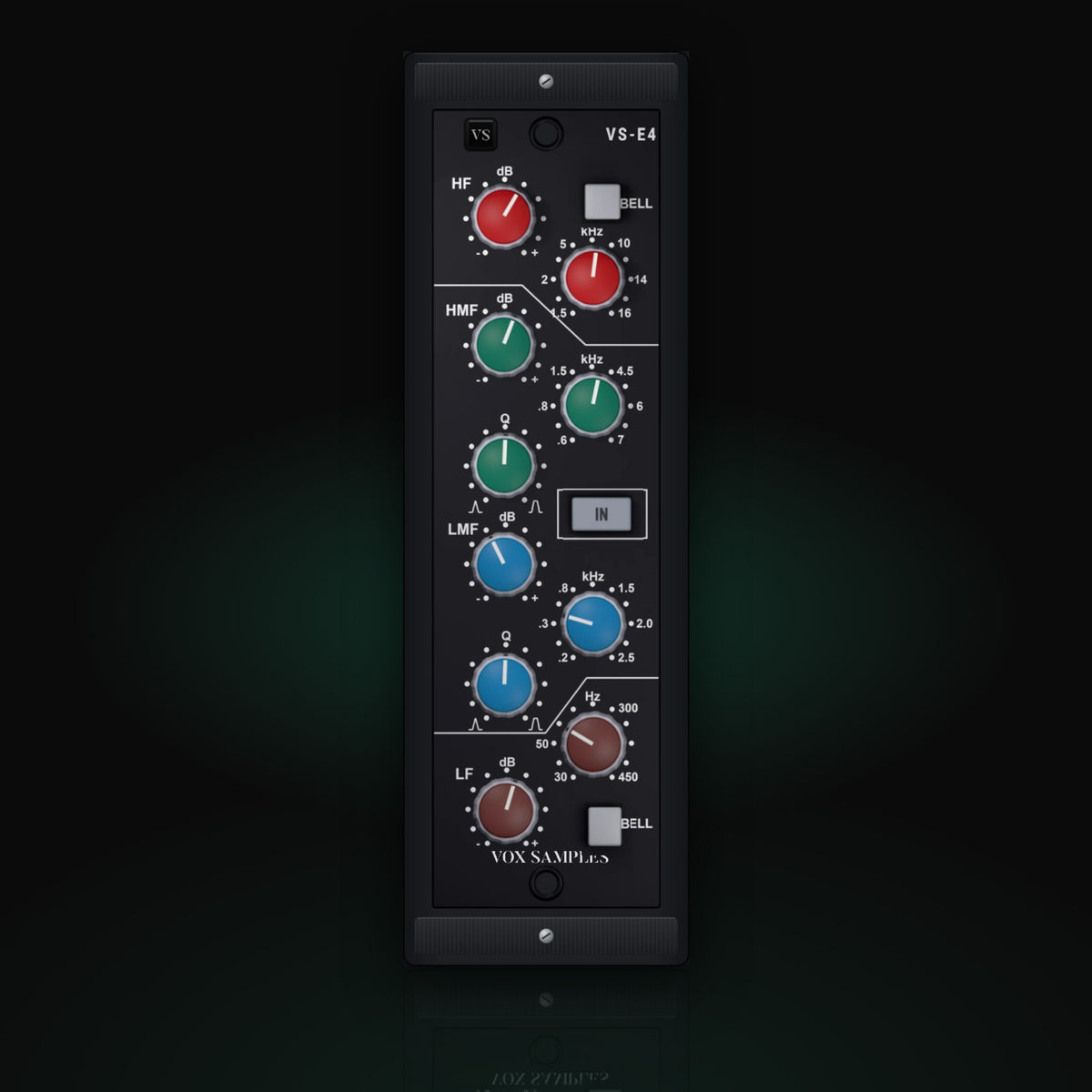 VS-E4 by Vox Samples, the console channel EQ plugin, pictured as its front panel: a tall black module with red HF, green HMF, blue LMF and brown LF knobs, the BELL keys and the EQ IN key.