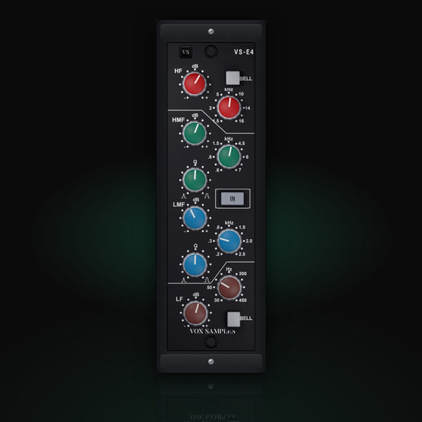 VS-E4 by Vox Samples, the console channel EQ plugin, pictured as its front panel: a tall black module with red HF, green HMF, blue LMF and brown LF knobs, the BELL keys and the EQ IN key.
