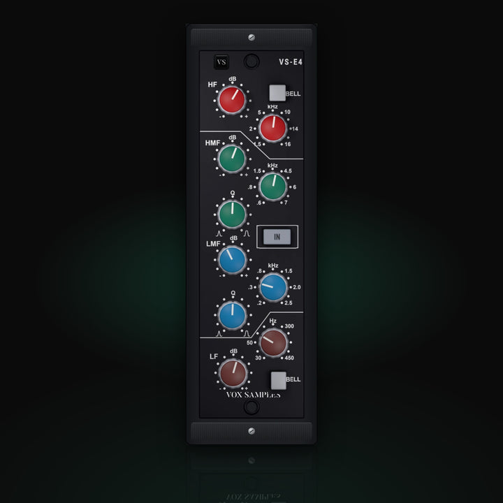 VS-E4 by Vox Samples, the console channel EQ plugin, pictured as its front panel: a tall black module with red HF, green HMF, blue LMF and brown LF knobs, the BELL keys and the EQ IN key.