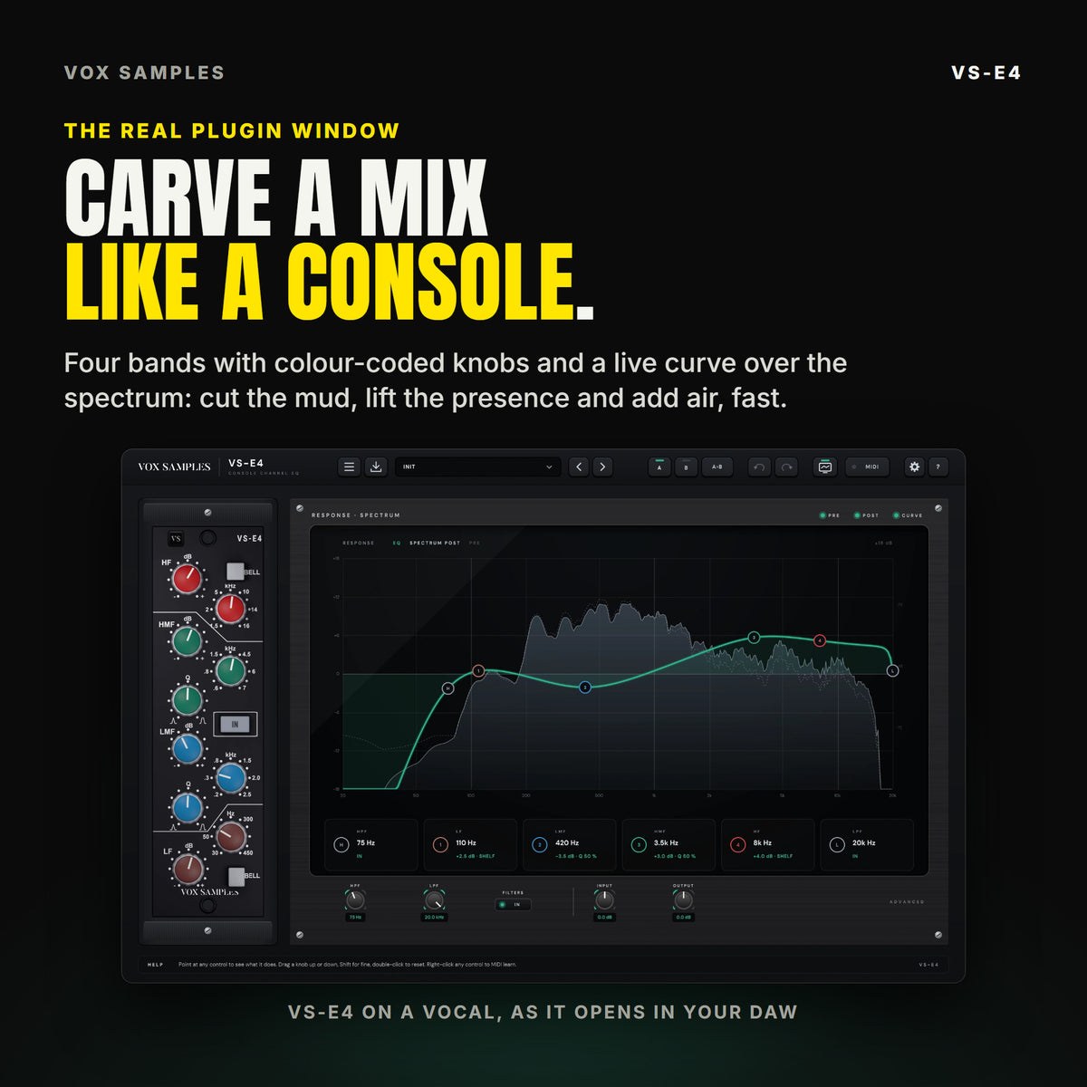 The whole VS-E4 plugin window after a few seconds of a sung vocal: the black module with the HF, HMF, LMF and LF knobs on the left, and the response pane with the EQ curve in green over the input and output spectrum, a node for each band and the HPF, LF, LMF, HMF, HF and LPF readings, above the ADVANCED strip with HPF, LPF, FILTERS, INPUT and OUTPUT.