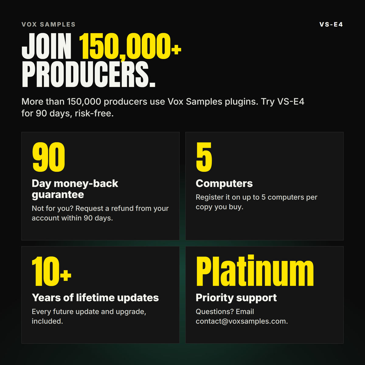 Join 150,000+ producers who use Vox Samples plugins. VS-E4 comes with a 90-day money-back guarantee you claim from your account, registration on up to five of your own computers per copy you buy, lifetime updates for 10+ years, and Platinum priority support.