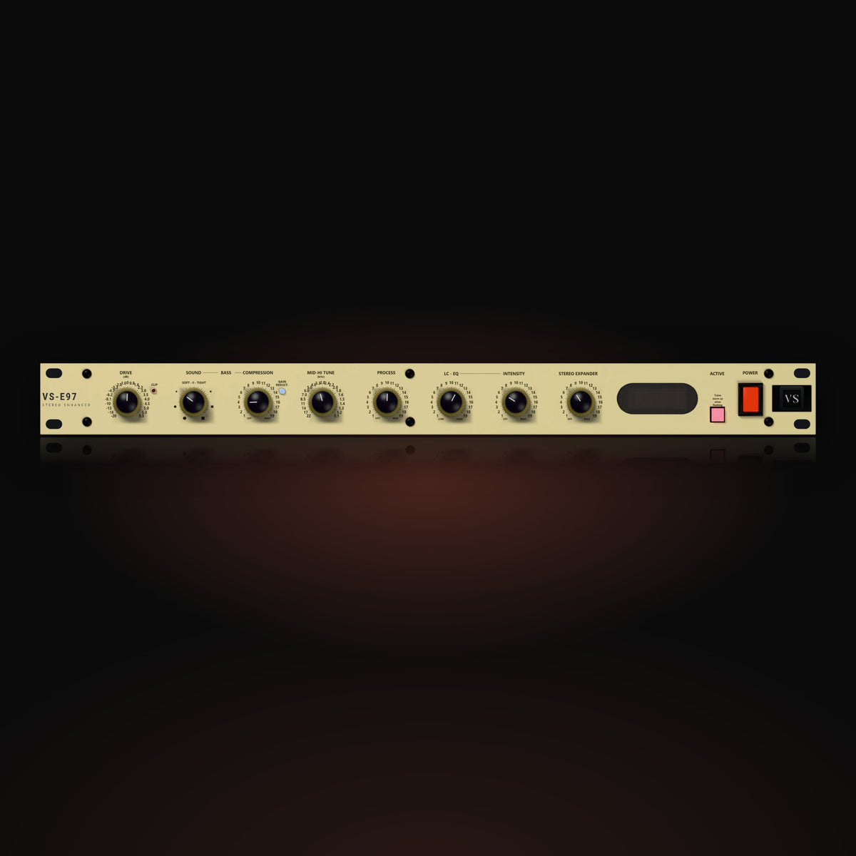 VS-E97 by Vox Samples, the psychoacoustic enhancer plugin, pictured as its front panel: a gold slim rack unit with black DRIVE, BASS SOUND, BASS COMPRESSION, MID-HI TUNE, PROCESS, LC-EQ, INTENSITY and STEREO EXPANDER knobs, the ACTIVE key and a red POWER rocker.