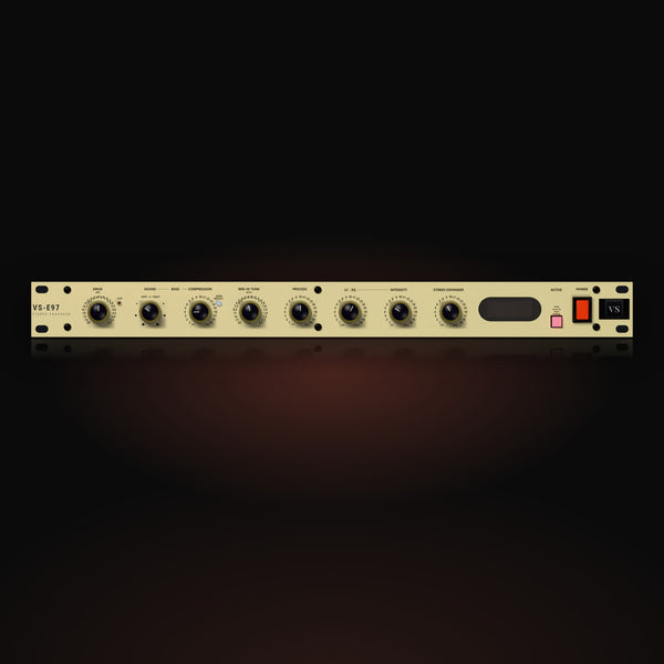 VS-E97 by Vox Samples, the psychoacoustic enhancer plugin, pictured as its front panel: a gold slim rack unit with black DRIVE, BASS SOUND, BASS COMPRESSION, MID-HI TUNE, PROCESS, LC-EQ, INTENSITY and STEREO EXPANDER knobs, the ACTIVE key and a red POWER rocker.