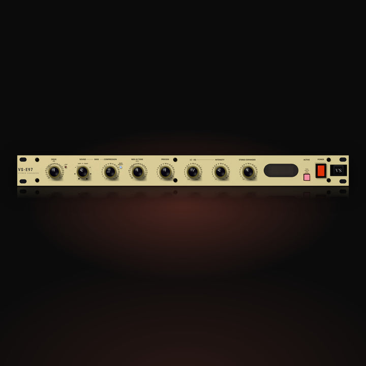 VS-E97 by Vox Samples, the psychoacoustic enhancer plugin, pictured as its front panel: a gold slim rack unit with black DRIVE, BASS SOUND, BASS COMPRESSION, MID-HI TUNE, PROCESS, LC-EQ, INTENSITY and STEREO EXPANDER knobs, the ACTIVE key and a red POWER rocker.