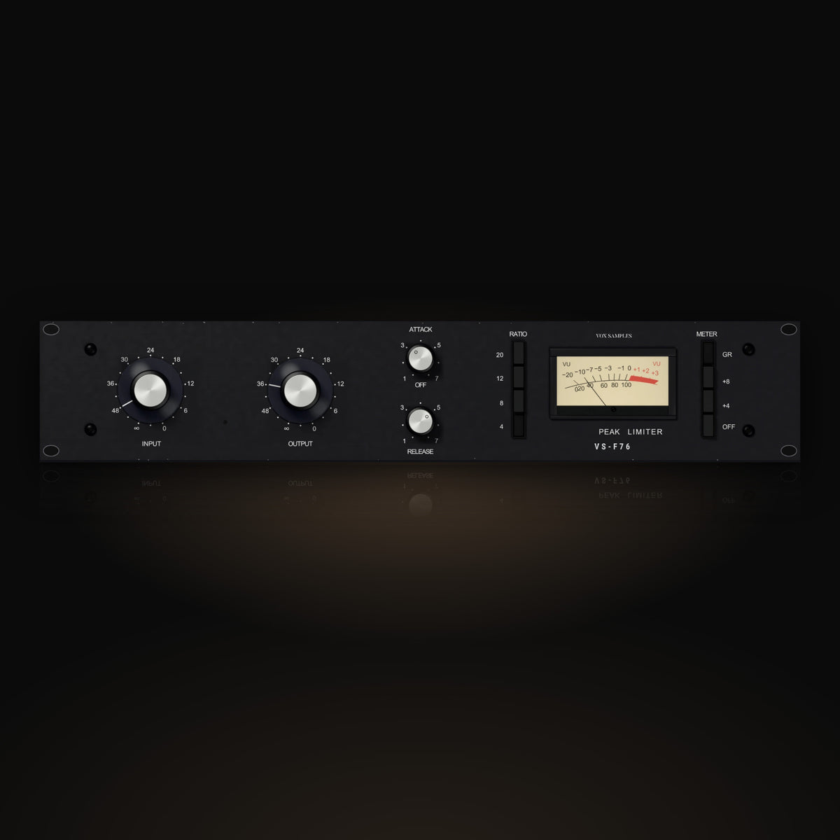 VS-F76 by Vox Samples, the FET compressor plugin, pictured as its front panel: a black rack unit with large silver INPUT and OUTPUT knobs, small ATTACK and RELEASE knobs, the RATIO and METER keys and a lit VU meter.