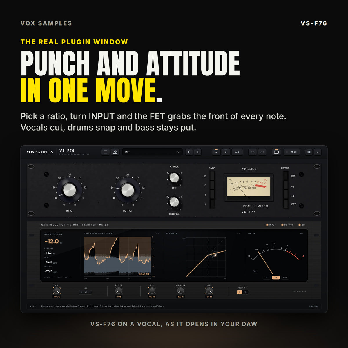 The whole VS-F76 plugin window after a few seconds of a sung vocal: the black panel with INPUT and OUTPUT knobs, ATTACK and RELEASE, the RATIO keys 4, 8, 12 and 20, the METER keys and the VU meter; below it the display unit with the gain reduction readouts, the gain reduction history, the transfer curve and a needle meter, and the ADVANCED strip with MIX, ALL, SC HPF, MID, MID FREQ, HIGH and QUALITY.