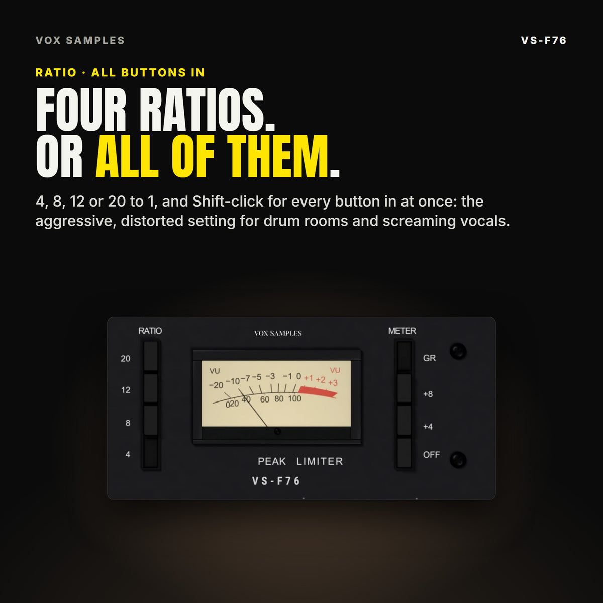 Close-up of the VS-F76 RATIO keys 20, 12, 8 and 4, the VU meter and the METER keys GR, +8, +4 and OFF, under the line "Four ratios. Or all of them".