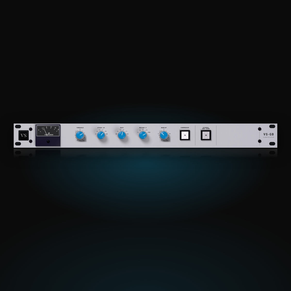 VS-GB by Vox Samples, the console bus compressor plugin, pictured as its front panel: a light-grey slim rack unit with a gain reduction meter, blue THRESHOLD, ATTACK, RATIO, RELEASE and MAKE-UP knobs and the COMPRESSOR IN key.