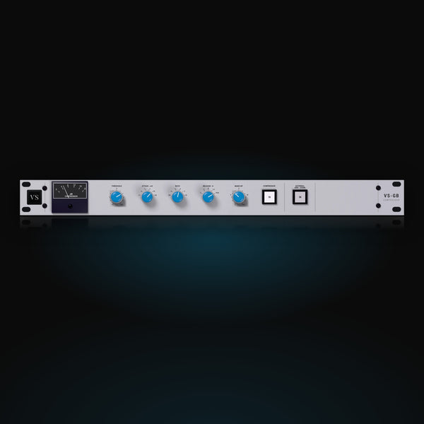 VS-GB by Vox Samples, the console bus compressor plugin, pictured as its front panel: a light-grey slim rack unit with a gain reduction meter, blue THRESHOLD, ATTACK, RATIO, RELEASE and MAKE-UP knobs and the COMPRESSOR IN key.